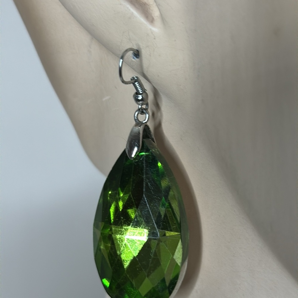 SOLDGreen Faceted Glass Teardrop Earrings - Picture 11 of 15